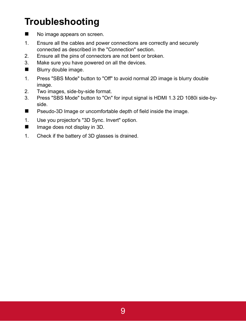 Troubleshooting | VIEWSONIC VP3D1 User Manual | Page 14 / 18