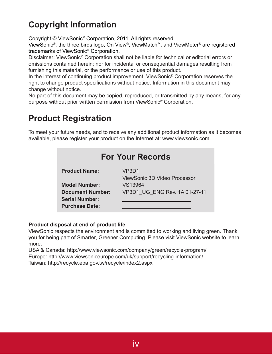 Copyright information, Product registration, For your records | VIEWSONIC VP3D1 User Manual | Page 5 / 18