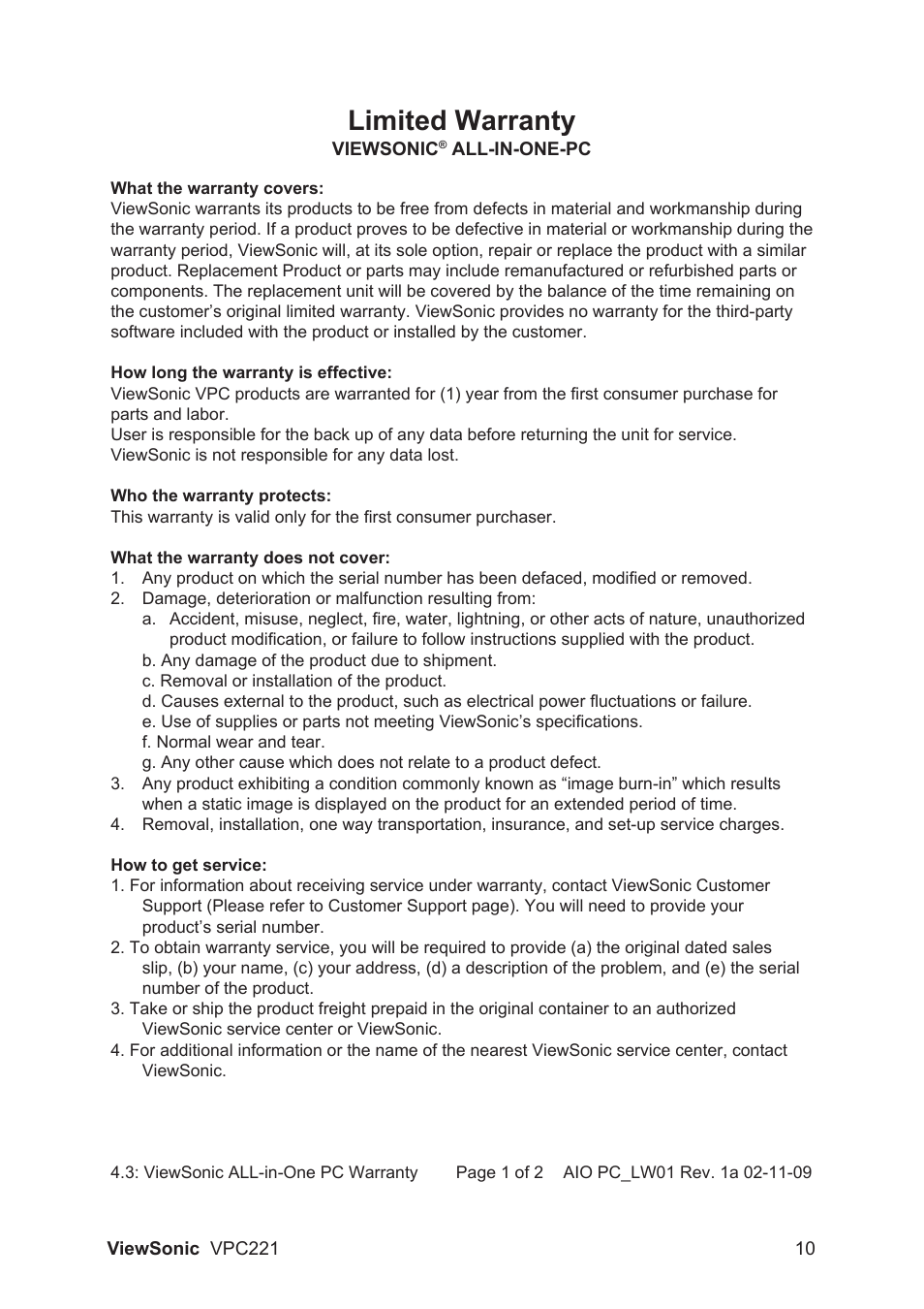 Limited warranty | VIEWSONIC VS13730 User Manual | Page 15 / 17