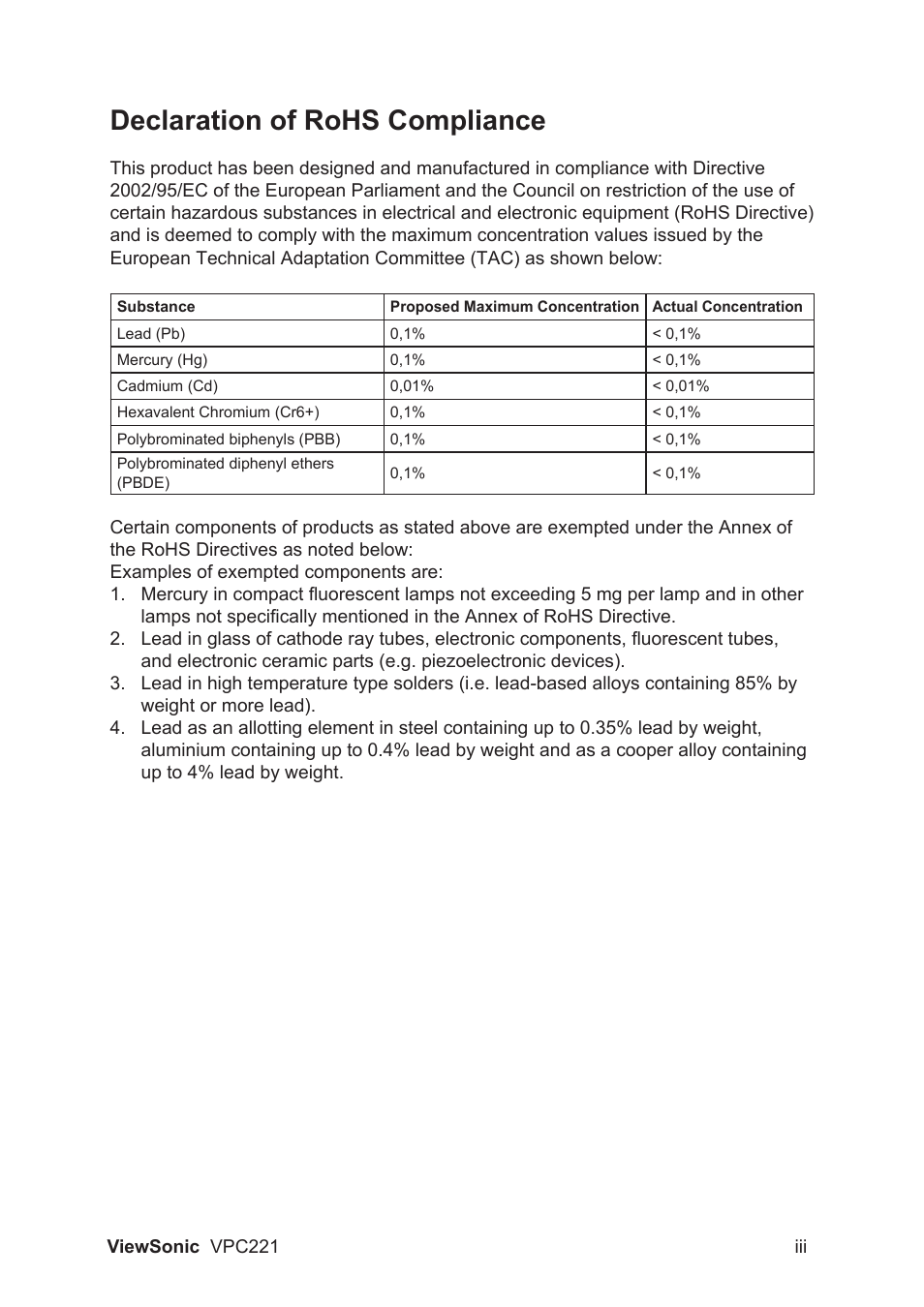 Declaration of rohs compliance | VIEWSONIC VS13730 User Manual | Page 4 / 17