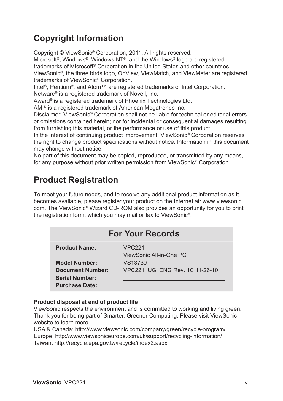 Copyright information, Product registration, For your records | VIEWSONIC VS13730 User Manual | Page 5 / 17