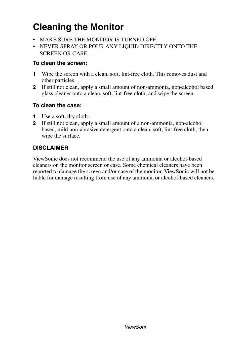 Cleaning the monitor | VIEWSONIC P95f+ User Manual | Page 15 / 19