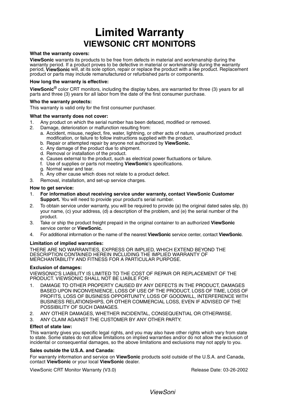 Limited warranty, Viewsonic crt monitors, Viewsoni c p97f+ 15 | VIEWSONIC P95f+ User Manual | Page 16 / 19