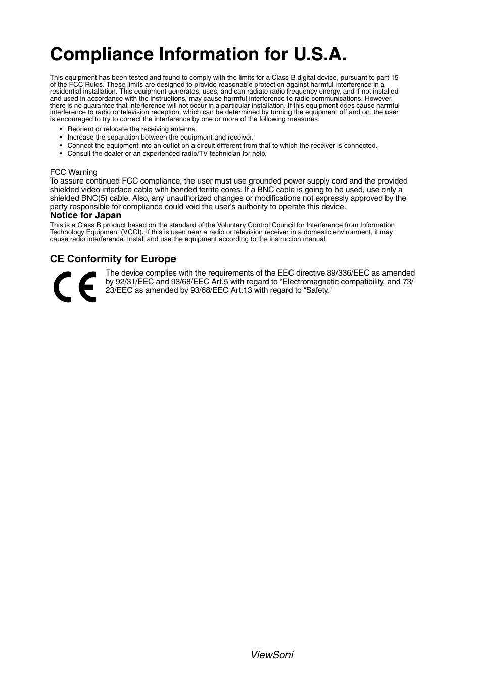 Compliance information for u.s.a | VIEWSONIC P95f+ User Manual | Page 18 / 19