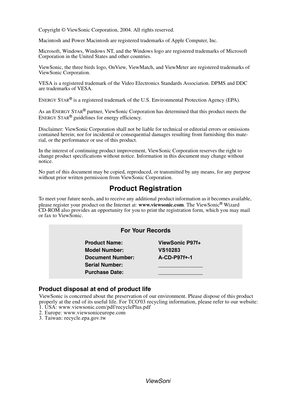 Product registration | VIEWSONIC P95f+ User Manual | Page 3 / 19