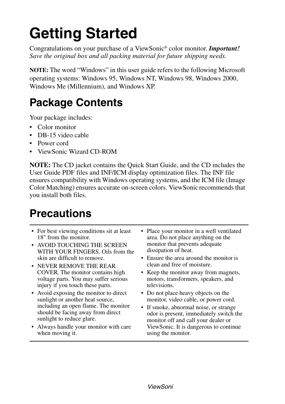 Getting started, Package contents, Precautions | VIEWSONIC P95f+ User Manual | Page 4 / 19