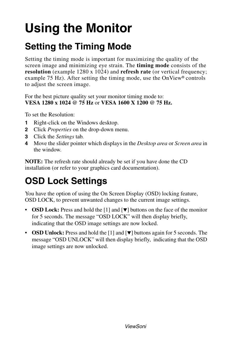 Using the monitor, Setting the timing mode, Osd lock settings | VIEWSONIC P95f+ User Manual | Page 6 / 19