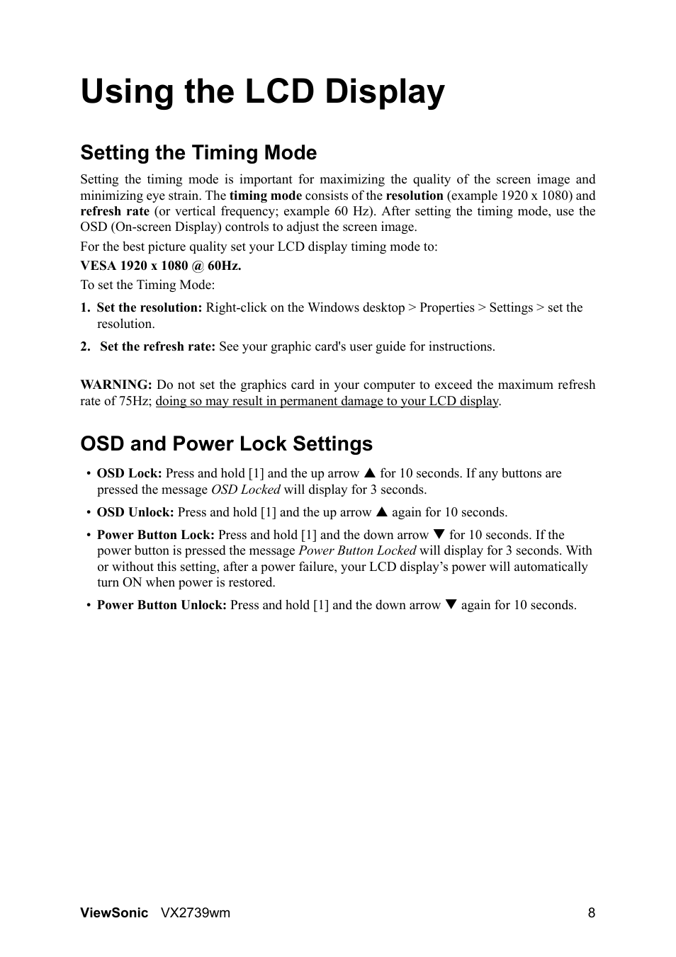 Using the lcd display, Setting the timing mode, Osd and power lock settings | VIEWSONIC VX2739wm LCD Display VS12843 User Manual | Page 10 / 26