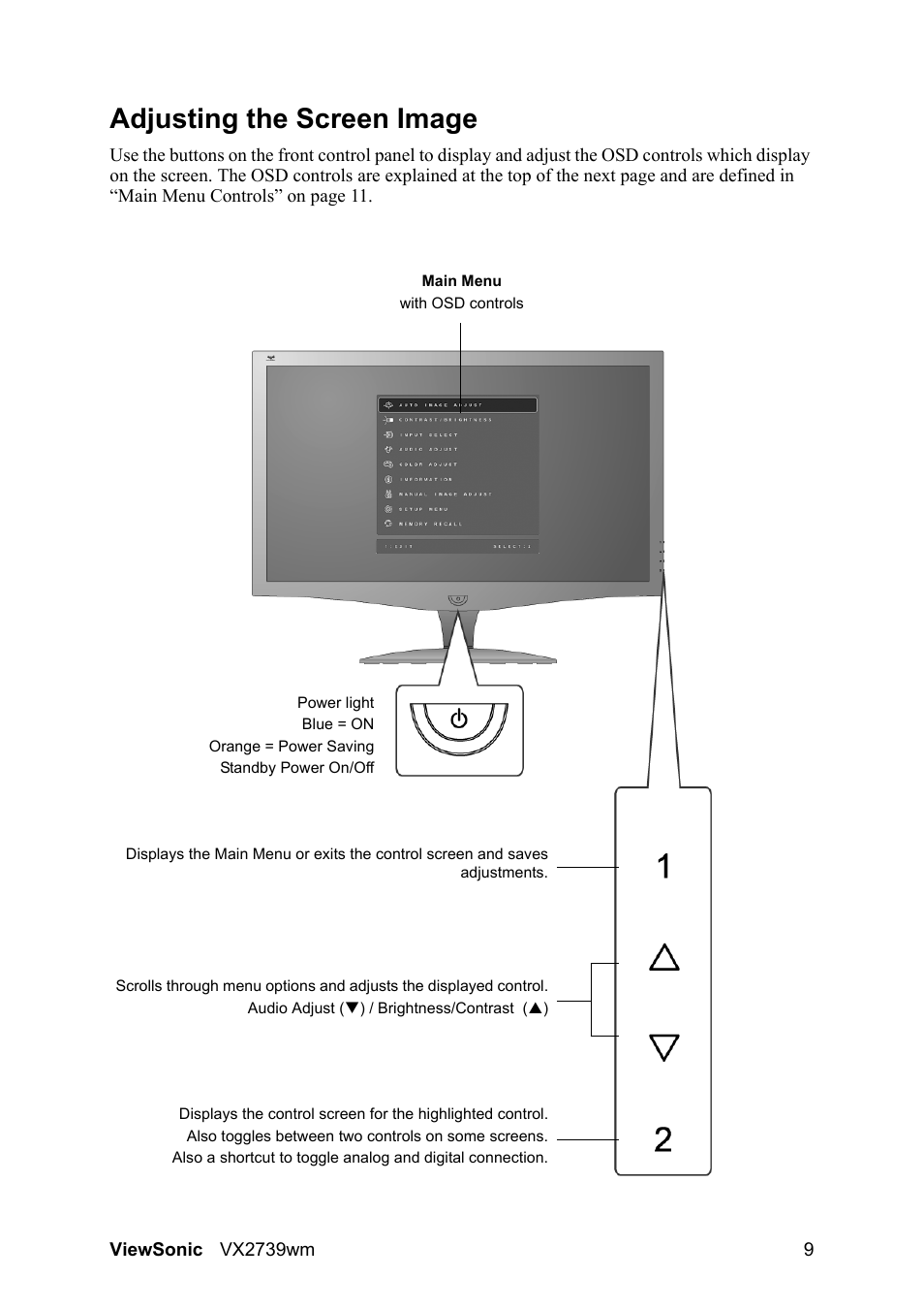Adjusting the screen image | VIEWSONIC VX2739wm LCD Display VS12843 User Manual | Page 11 / 26
