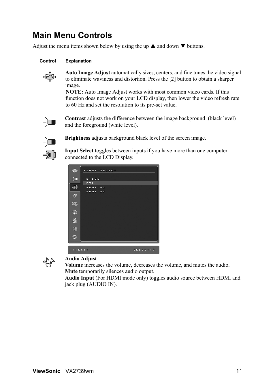 Main menu controls | VIEWSONIC VX2739wm LCD Display VS12843 User Manual | Page 13 / 26