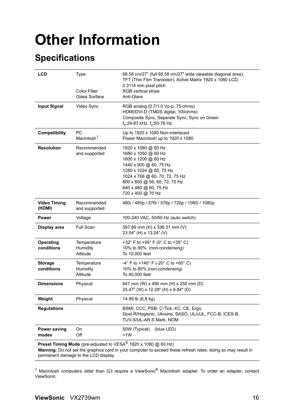 Other information, Specifications | VIEWSONIC VX2739wm LCD Display VS12843 User Manual | Page 18 / 26