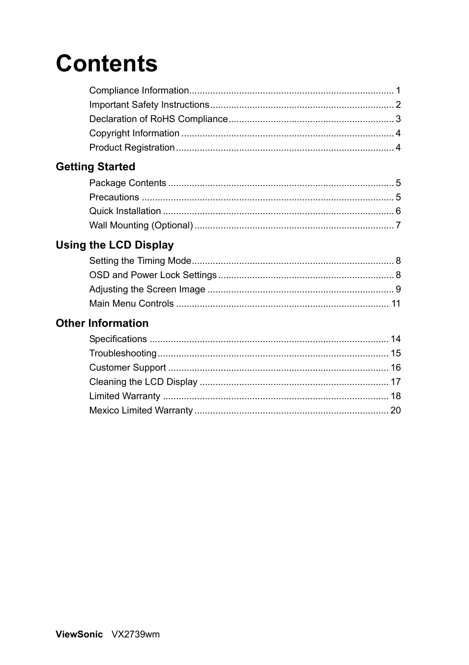 VIEWSONIC VX2739wm LCD Display VS12843 User Manual | Page 2 / 26