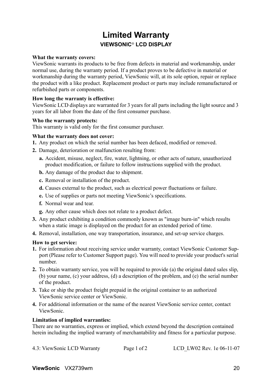 Limited warranty | VIEWSONIC VX2739wm LCD Display VS12843 User Manual | Page 22 / 26