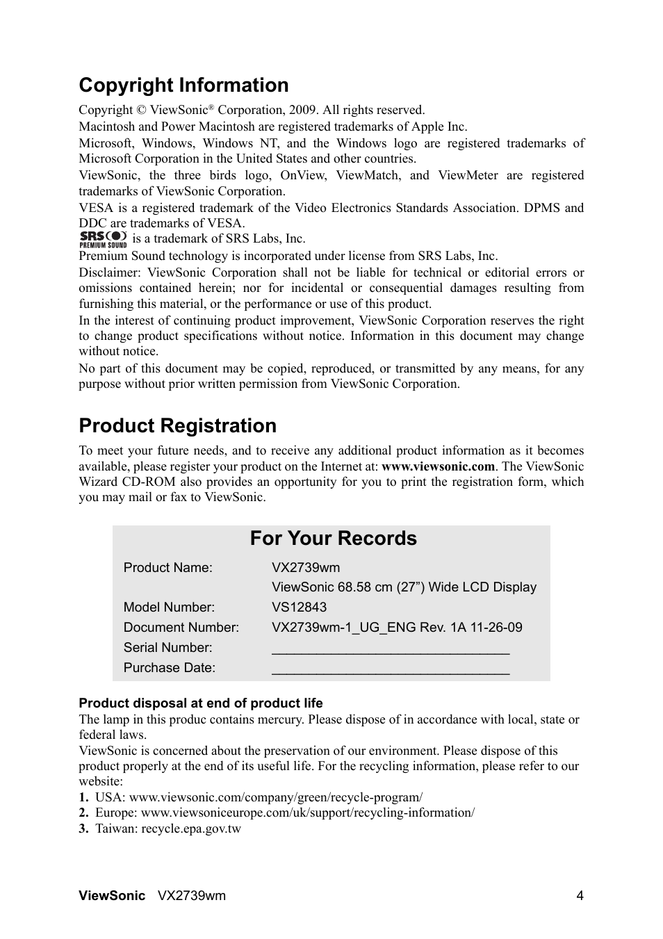 Copyright information, Product registration, For your records | VIEWSONIC VX2739wm LCD Display VS12843 User Manual | Page 6 / 26