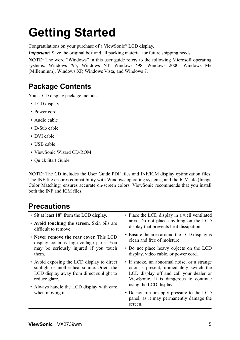 Getting started, Package contents, Precautions | VIEWSONIC VX2739wm LCD Display VS12843 User Manual | Page 7 / 26