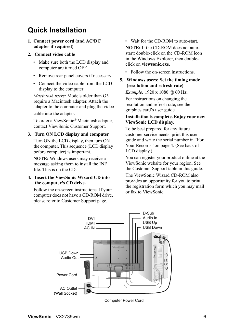 Quick installation | VIEWSONIC VX2739wm LCD Display VS12843 User Manual | Page 8 / 26