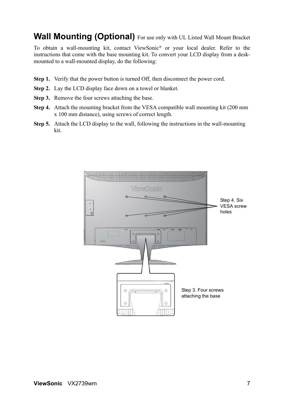 Wall mounting (optional) | VIEWSONIC VX2739wm LCD Display VS12843 User Manual | Page 9 / 26