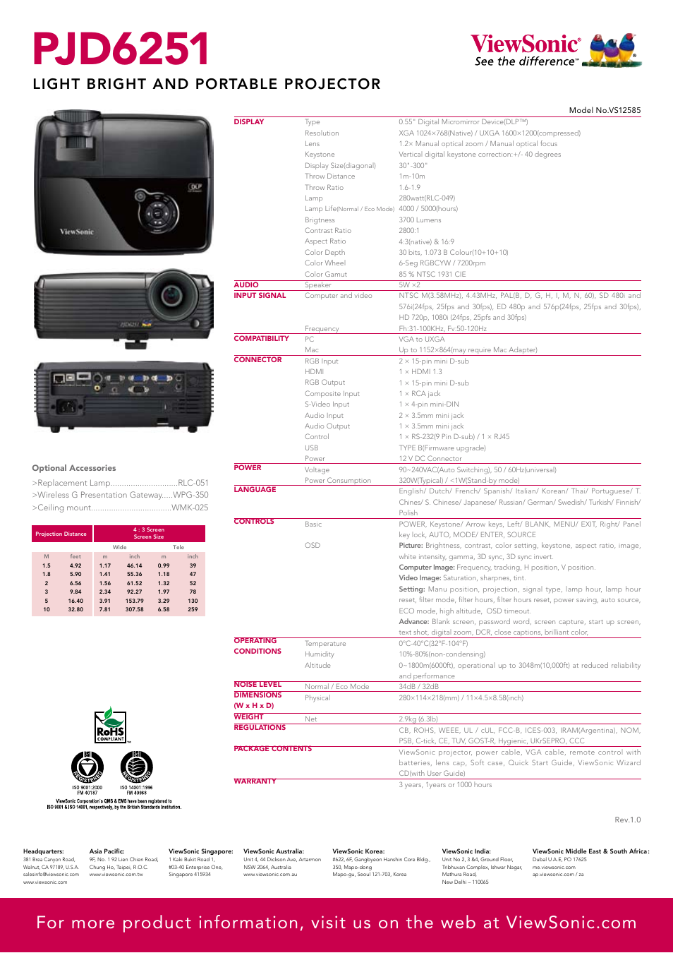 Pjd6251, Light bright and portable projector | VIEWSONIC Portable Projector PJD6251 User Manual | Page 2 / 2