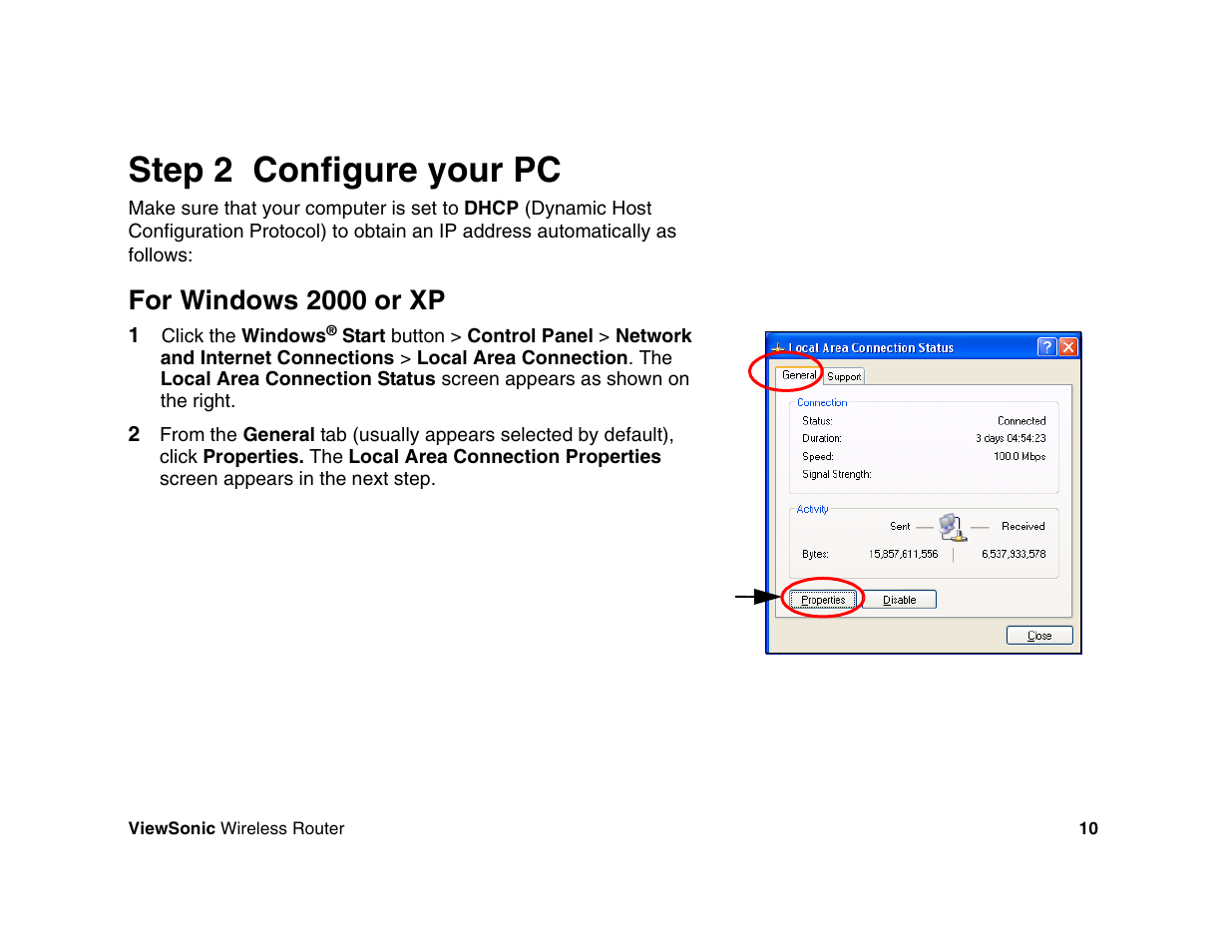Step 2 configure your pc, For windows 2000 or xp | VIEWSONIC WR100 User Manual | Page 14 / 66
