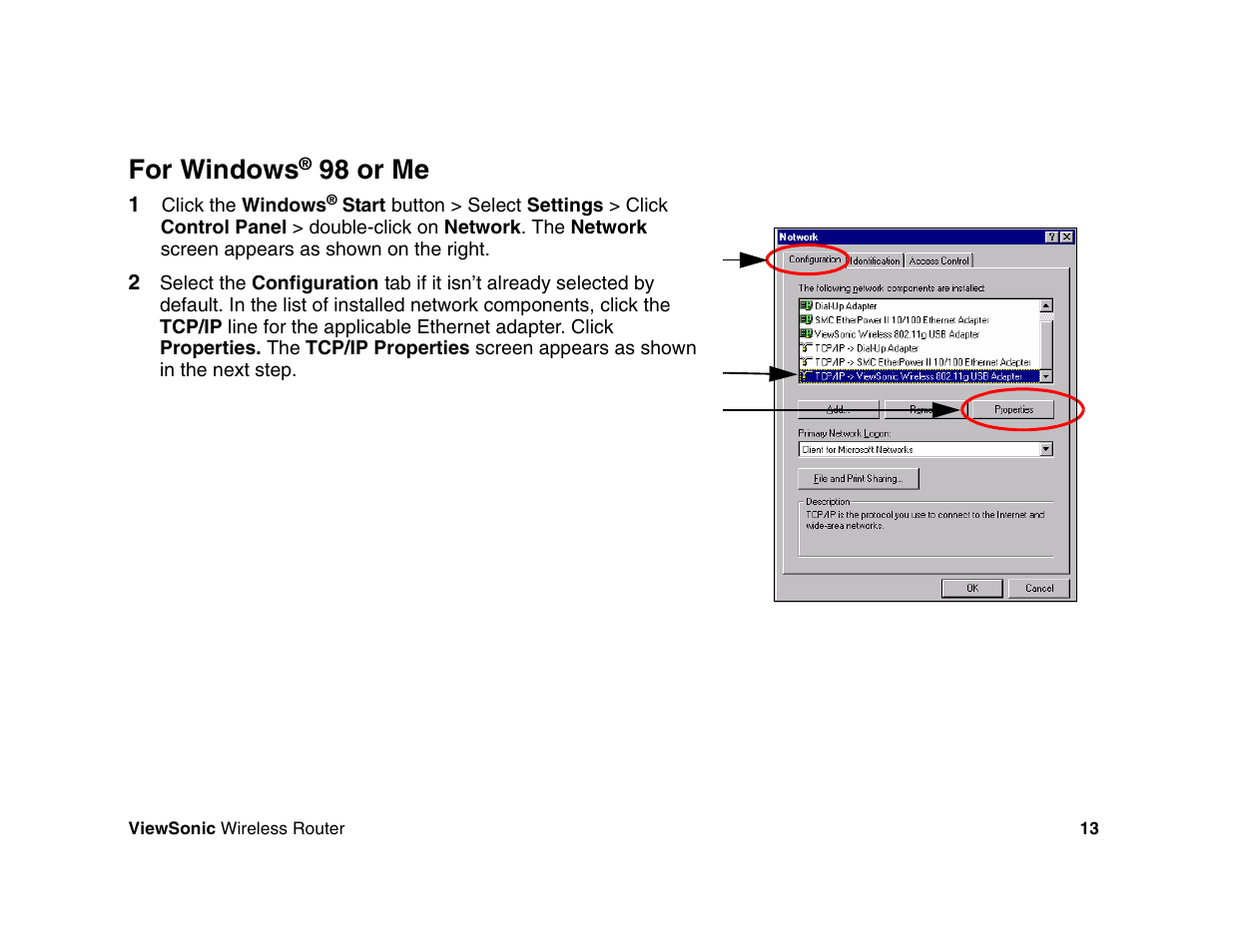 For windows, 98 or me | VIEWSONIC WR100 User Manual | Page 17 / 66