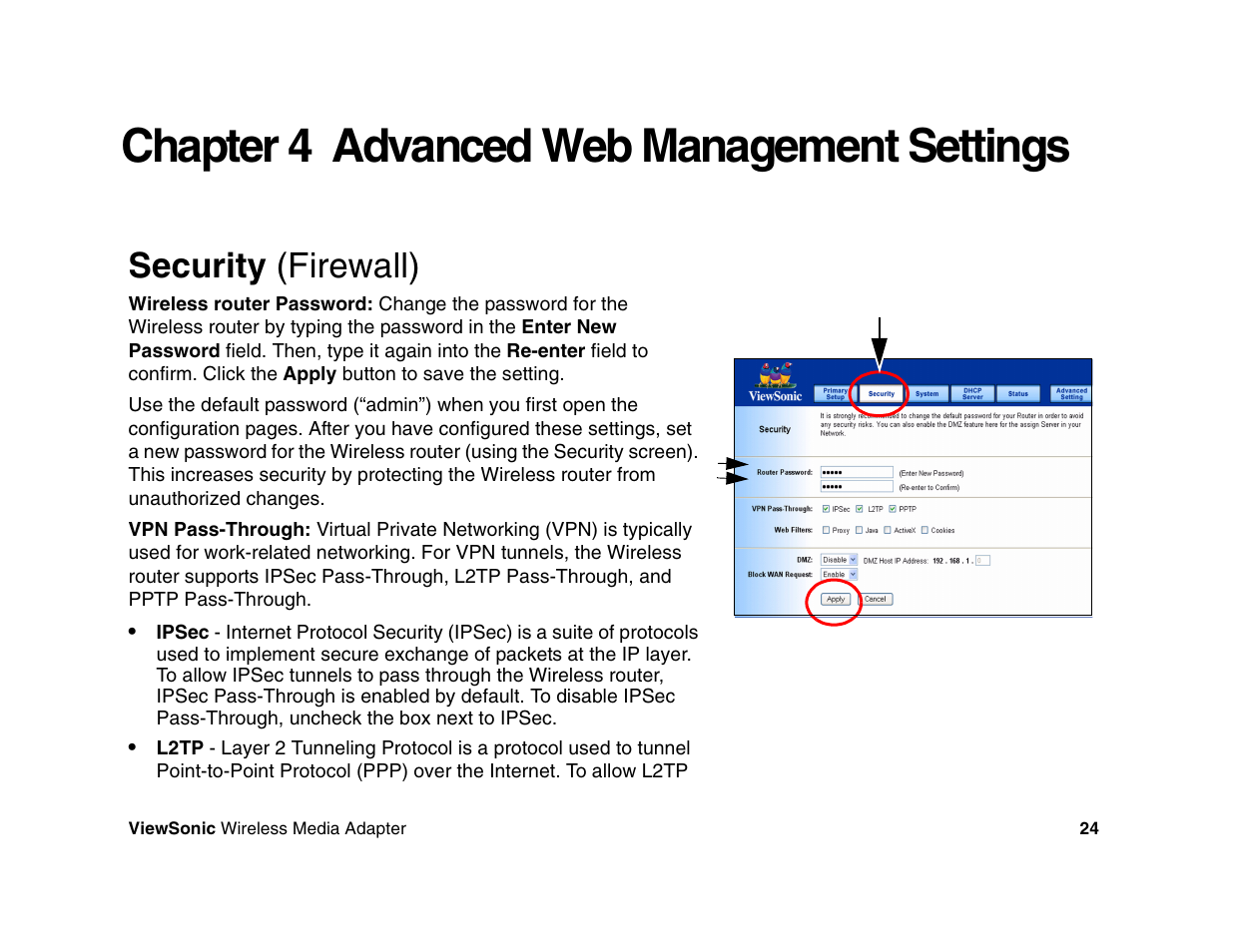 Chapter 4 advanced web management settings, Security (firewall) | VIEWSONIC WR100 User Manual | Page 28 / 66