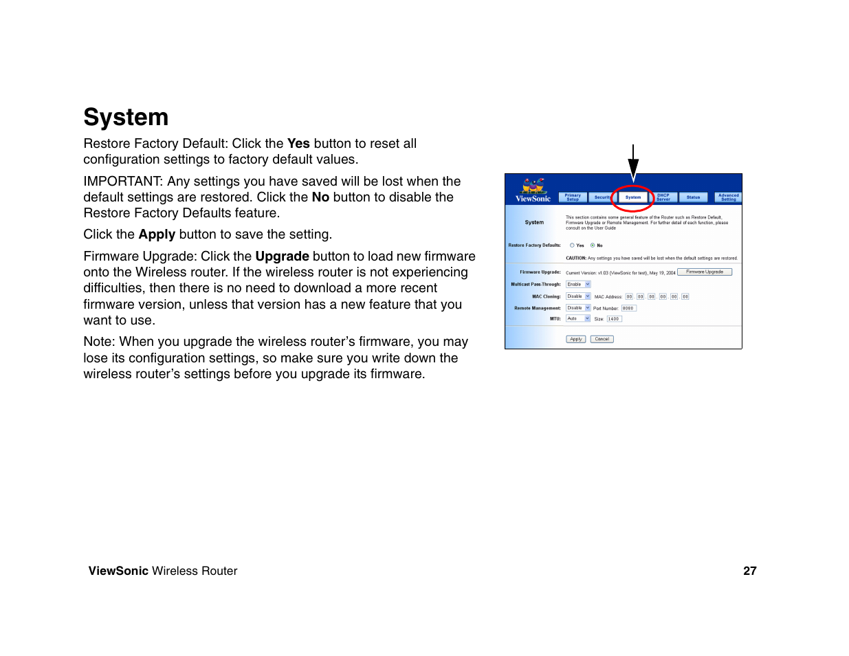 System | VIEWSONIC WR100 User Manual | Page 31 / 66