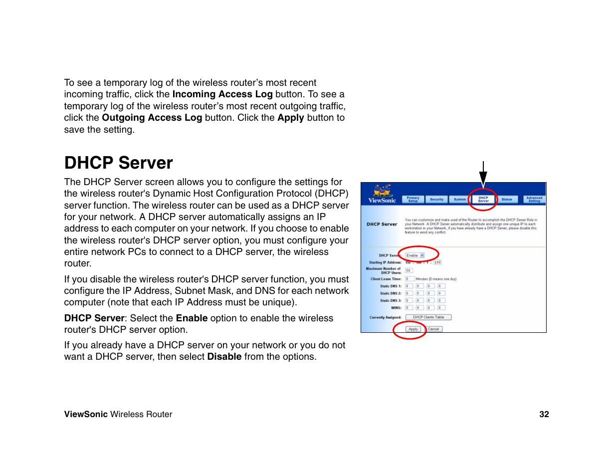 Dhcp server | VIEWSONIC WR100 User Manual | Page 36 / 66