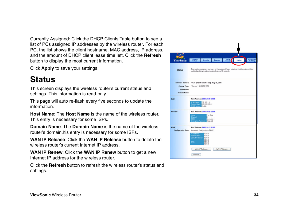 Status | VIEWSONIC WR100 User Manual | Page 38 / 66