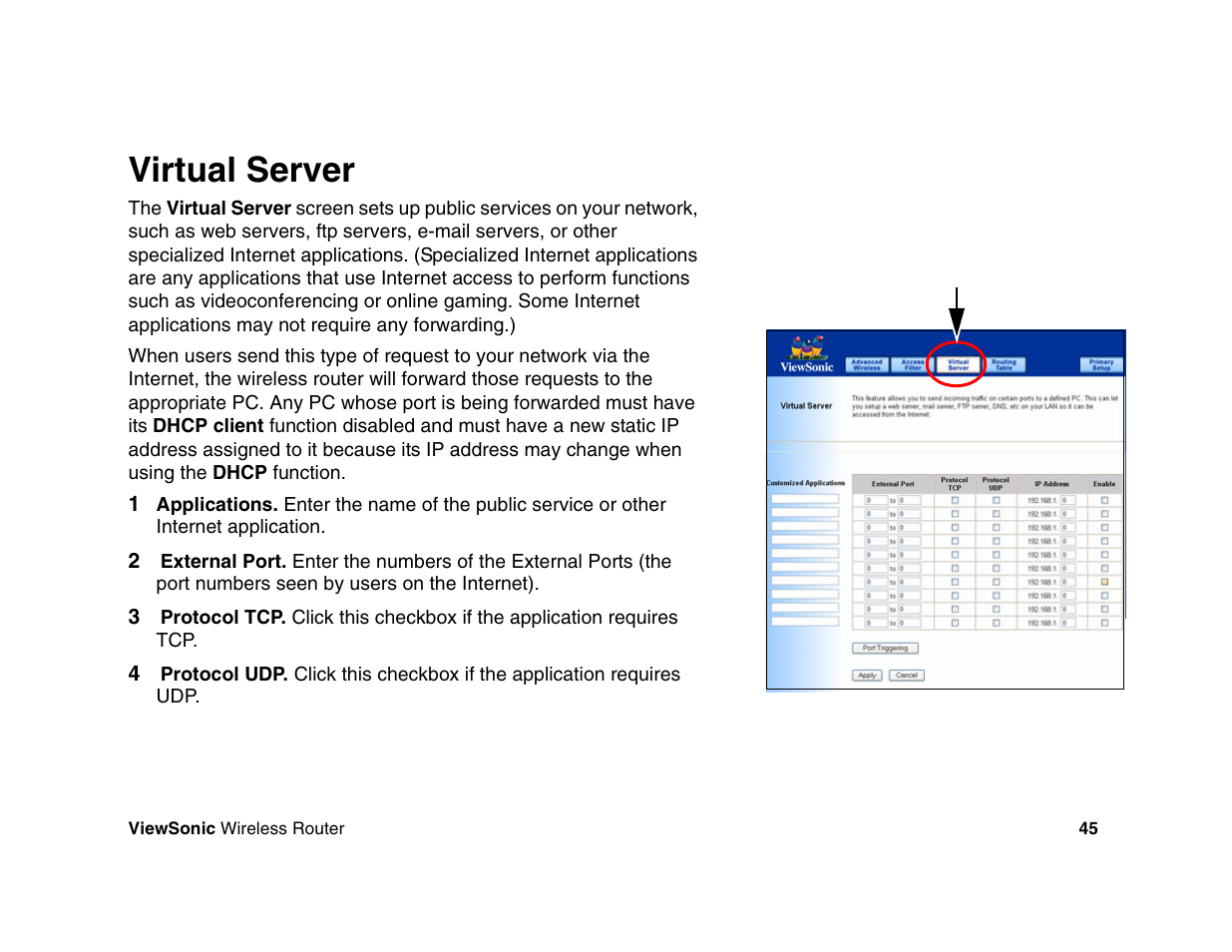 Virtual server | VIEWSONIC WR100 User Manual | Page 49 / 66