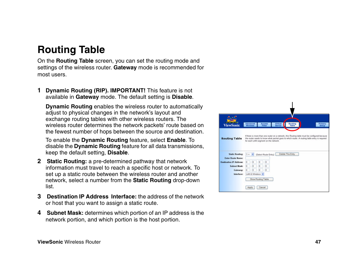Routing table | VIEWSONIC WR100 User Manual | Page 51 / 66