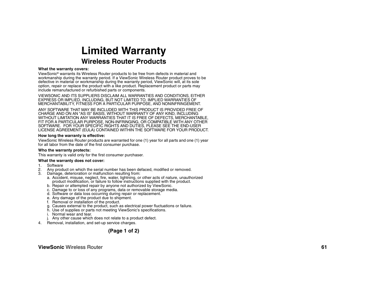 Limited warranty, Wireless router products | VIEWSONIC WR100 User Manual | Page 65 / 66