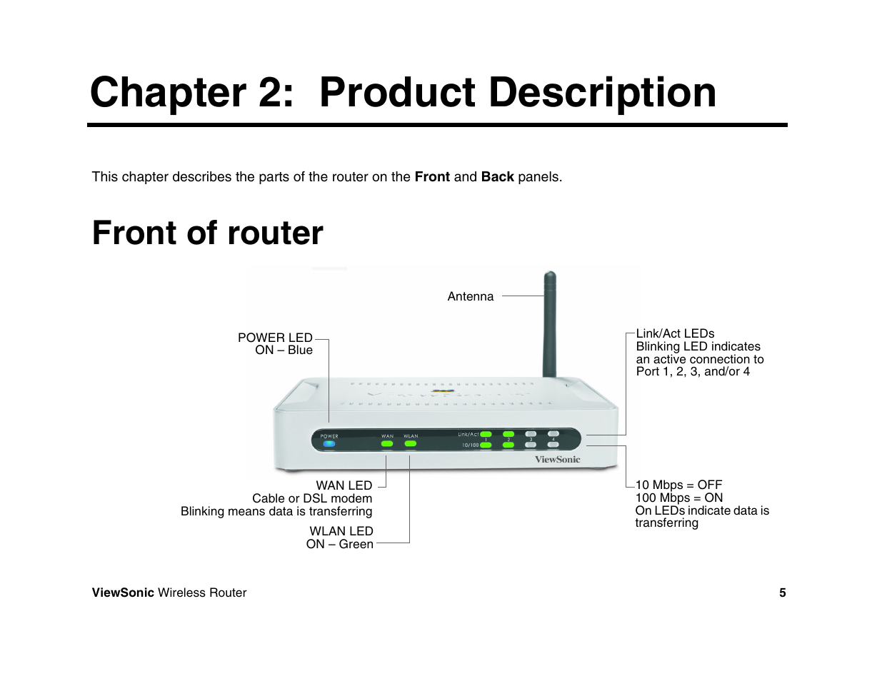 Chapter 2: product description, Front of router | VIEWSONIC WR100 User Manual | Page 9 / 66
