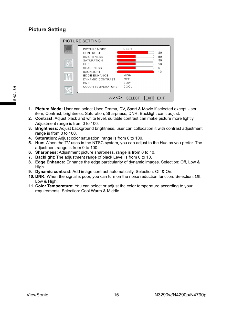Picture setting | VIEWSONIC N4785P User Manual | Page 17 / 31