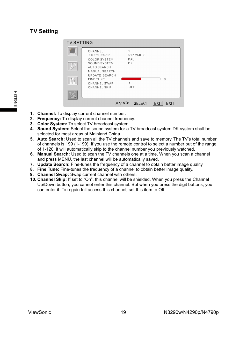 Tv setting | VIEWSONIC N4785P User Manual | Page 21 / 31