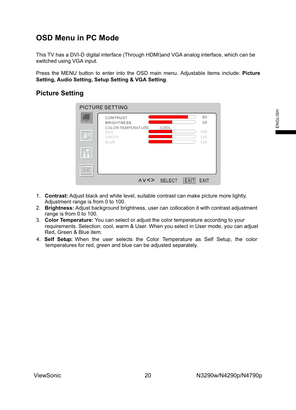 Osd menu in pc mode, Picture setting | VIEWSONIC N4785P User Manual | Page 22 / 31