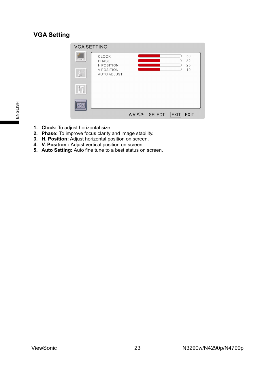 Vga setting | VIEWSONIC N4785P User Manual | Page 25 / 31