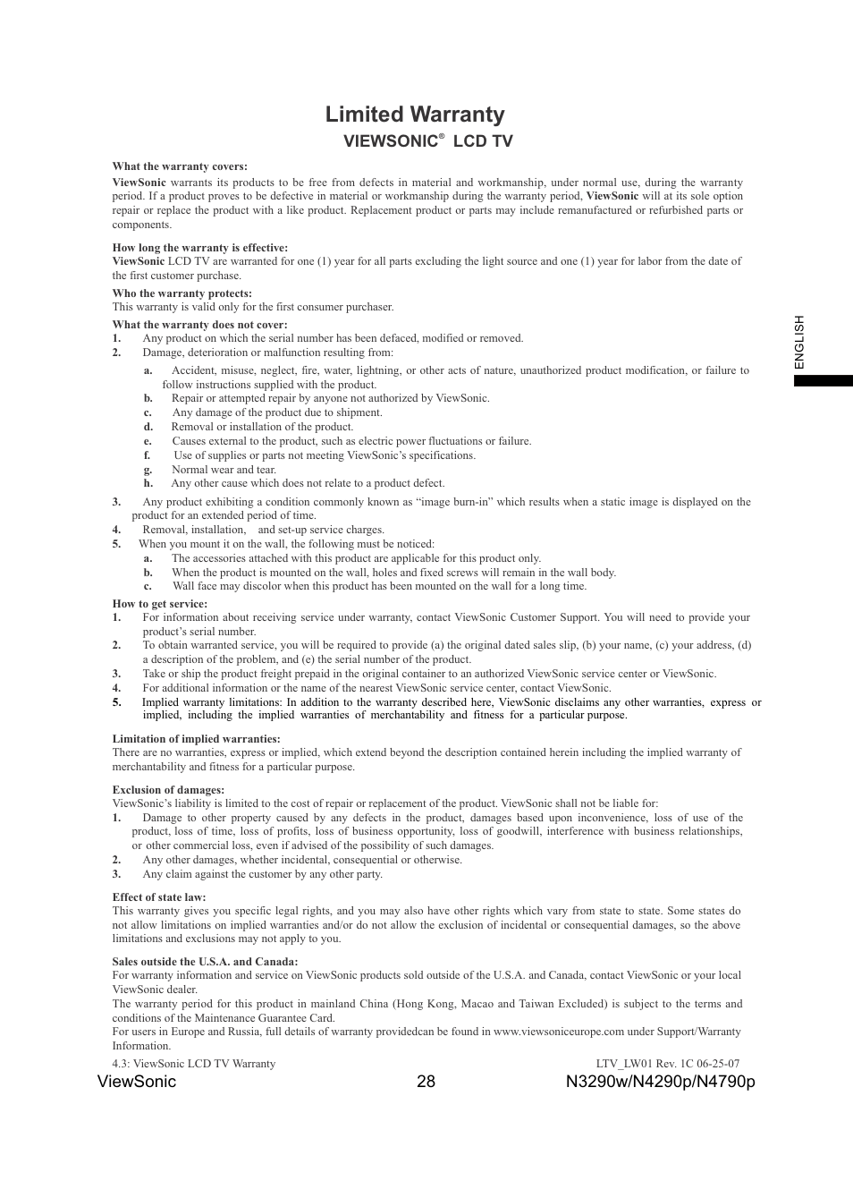 Limited warranty, Viewsonic, Lcd tv | VIEWSONIC N4785P User Manual | Page 30 / 31