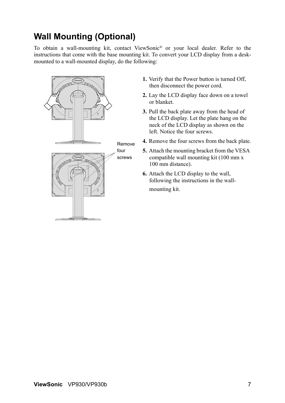 Wall mounting (optional) | VIEWSONIC VS10725 User Manual | Page 10 / 23