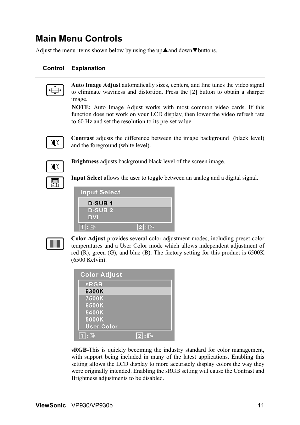 Main menu controls | VIEWSONIC VS10725 User Manual | Page 14 / 23