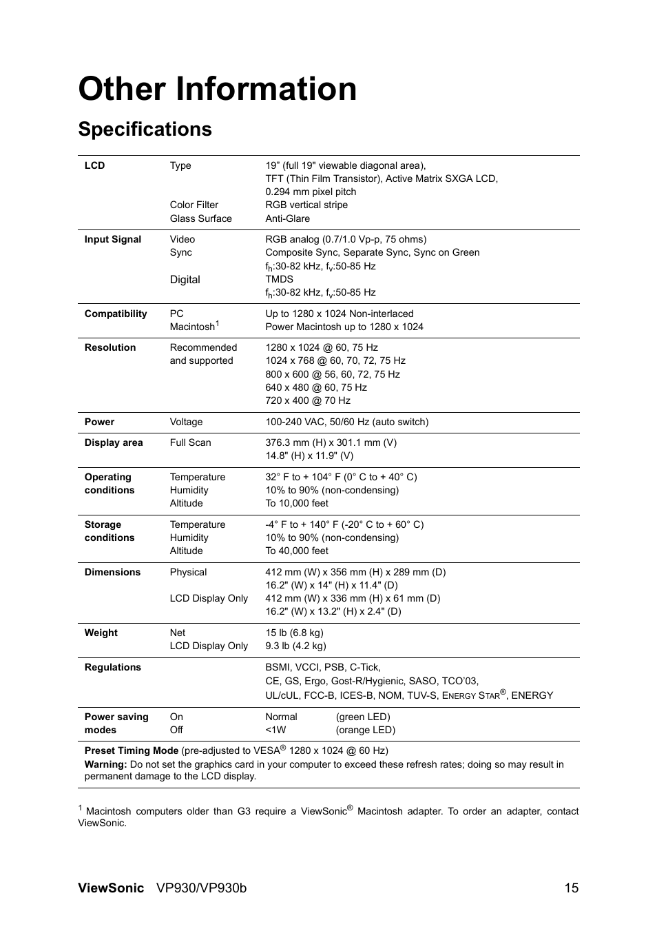 Other information, Specifications | VIEWSONIC VS10725 User Manual | Page 18 / 23