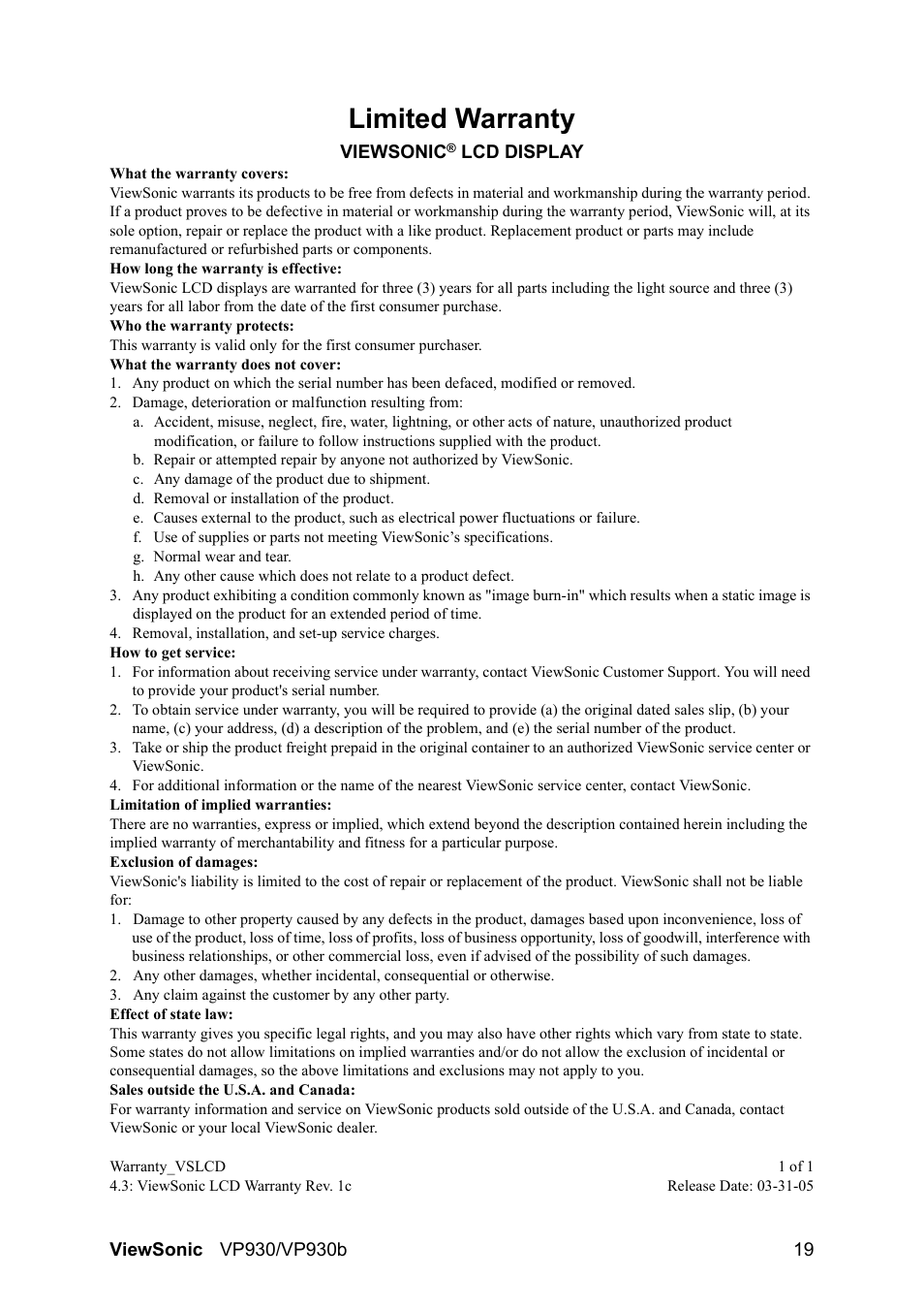 Limited warranty | VIEWSONIC VS10725 User Manual | Page 22 / 23