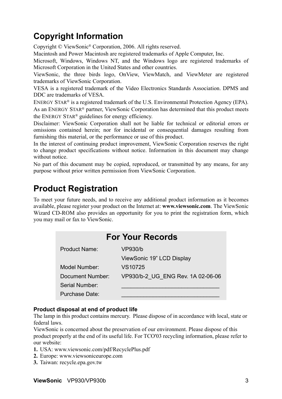 Copyright information, Product registration, For your records | VIEWSONIC VS10725 User Manual | Page 6 / 23
