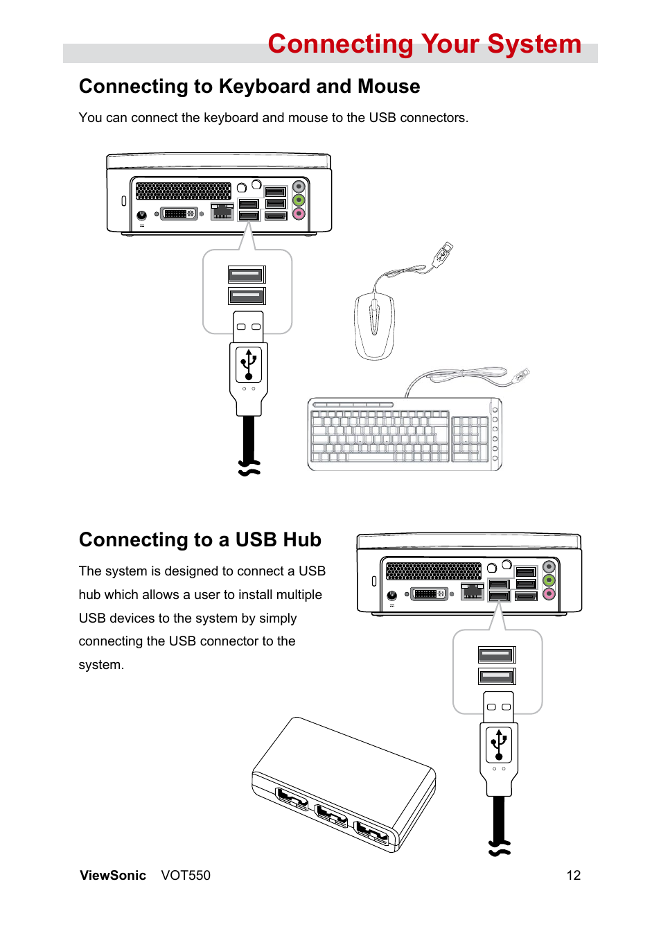 Connecting your system, Connecting to keyboard and mouse, Connecting to a usb hub | VIEWSONIC VS12663 User Manual | Page 18 / 52