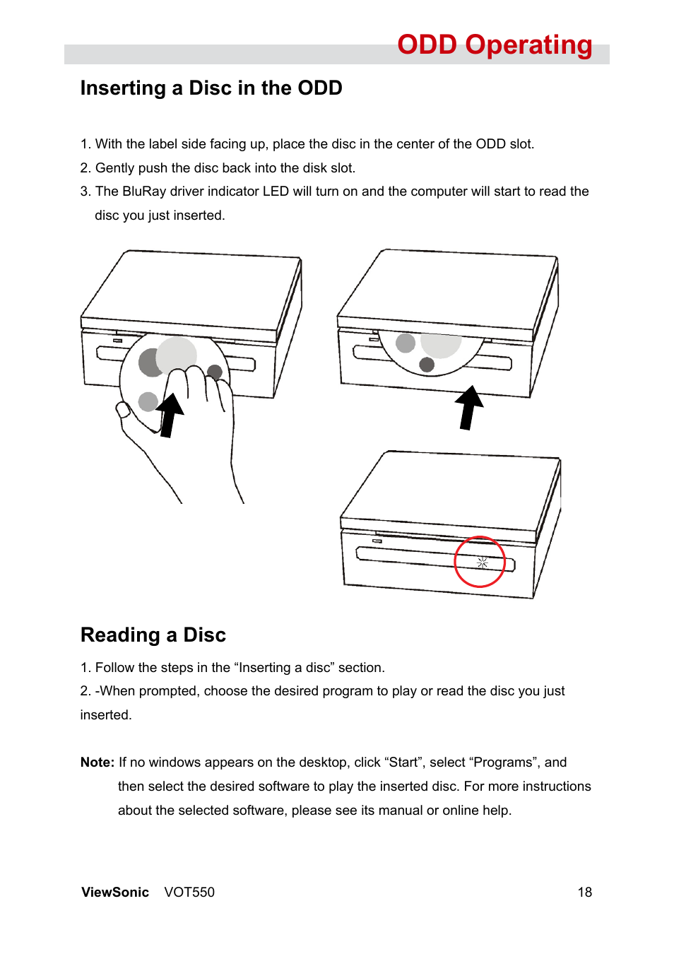 Odd operating, Inserting a disc in the odd, Reading a disc | VIEWSONIC VS12663 User Manual | Page 24 / 52