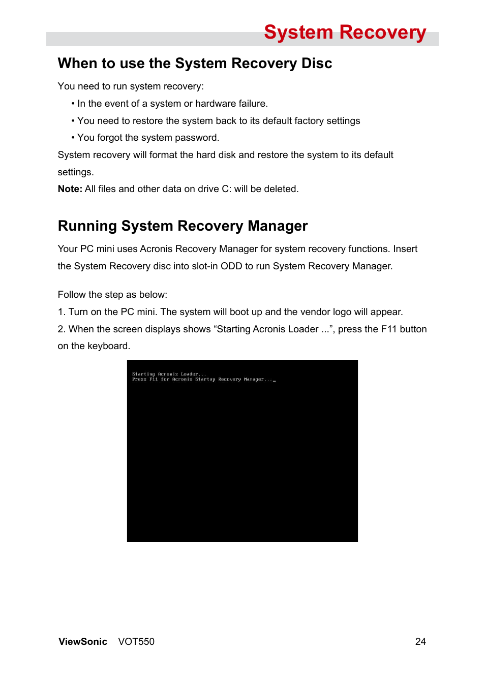 System recovery, When to use the system recovery disc, Running system recovery manager | VIEWSONIC VS12663 User Manual | Page 30 / 52