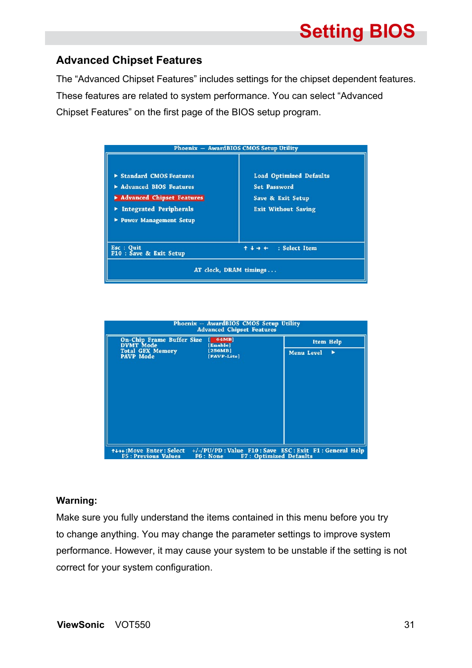 Setting bios | VIEWSONIC VS12663 User Manual | Page 37 / 52