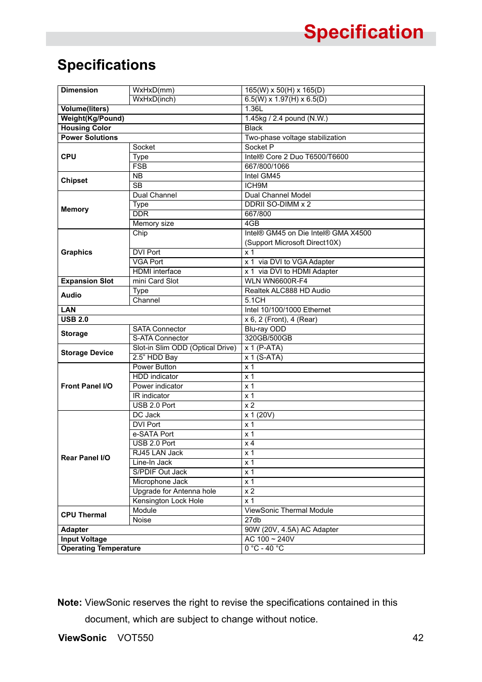 Specification, Specifications | VIEWSONIC VS12663 User Manual | Page 48 / 52