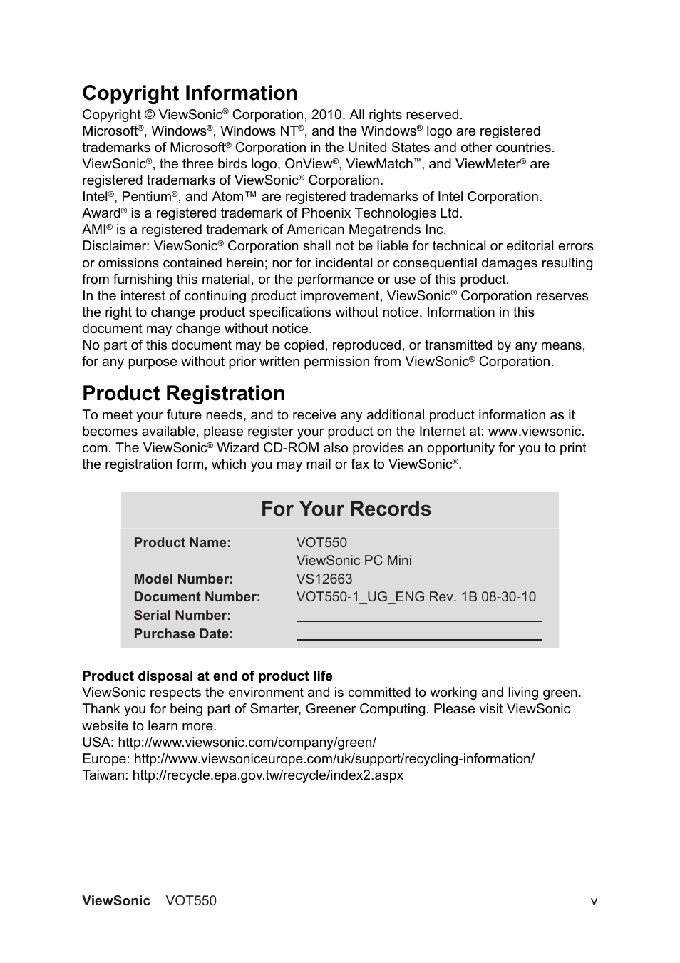 Copyright information, Product registration, For your records | VIEWSONIC VS12663 User Manual | Page 6 / 52