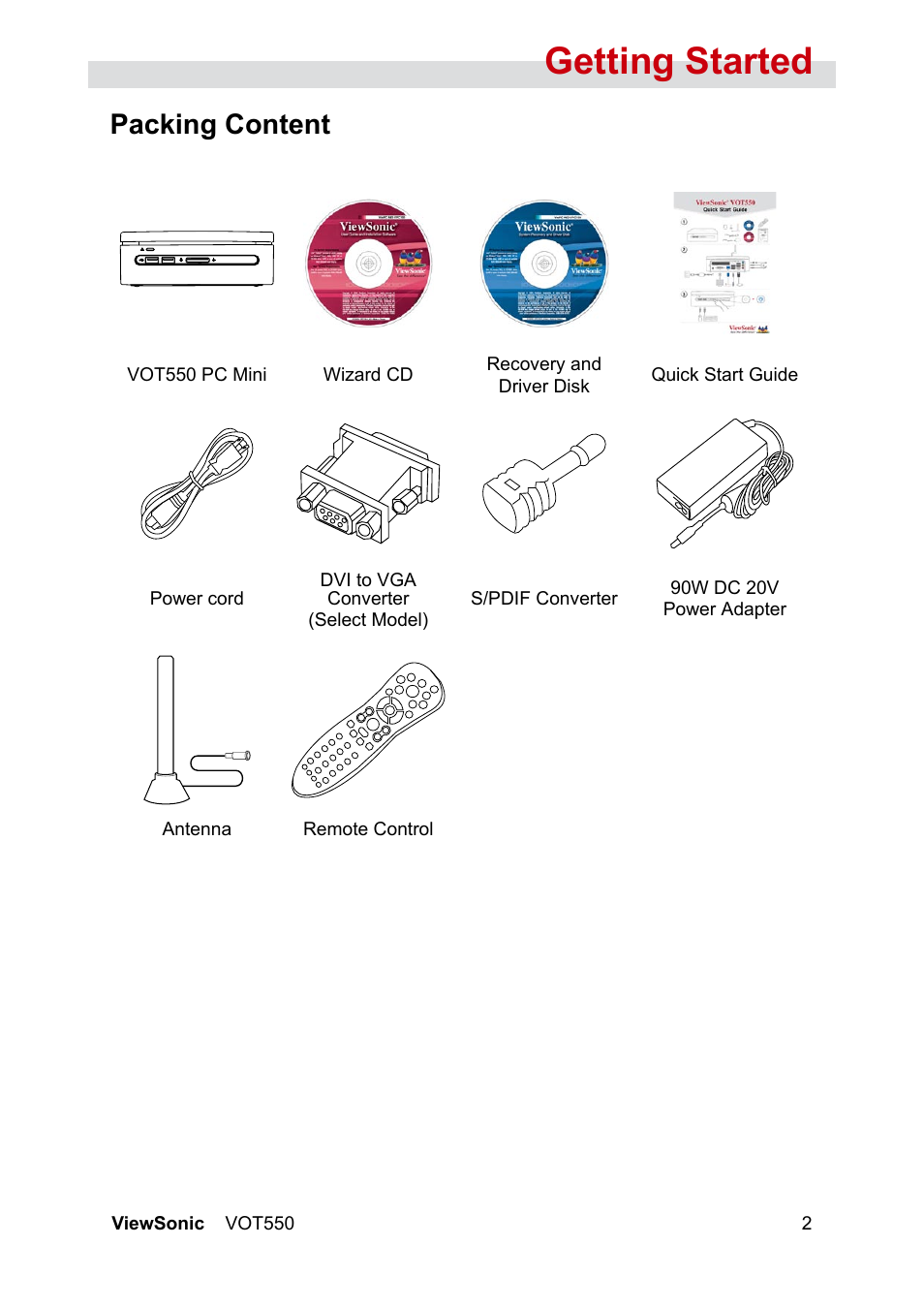 Getting started, Packing content | VIEWSONIC VS12663 User Manual | Page 8 / 52