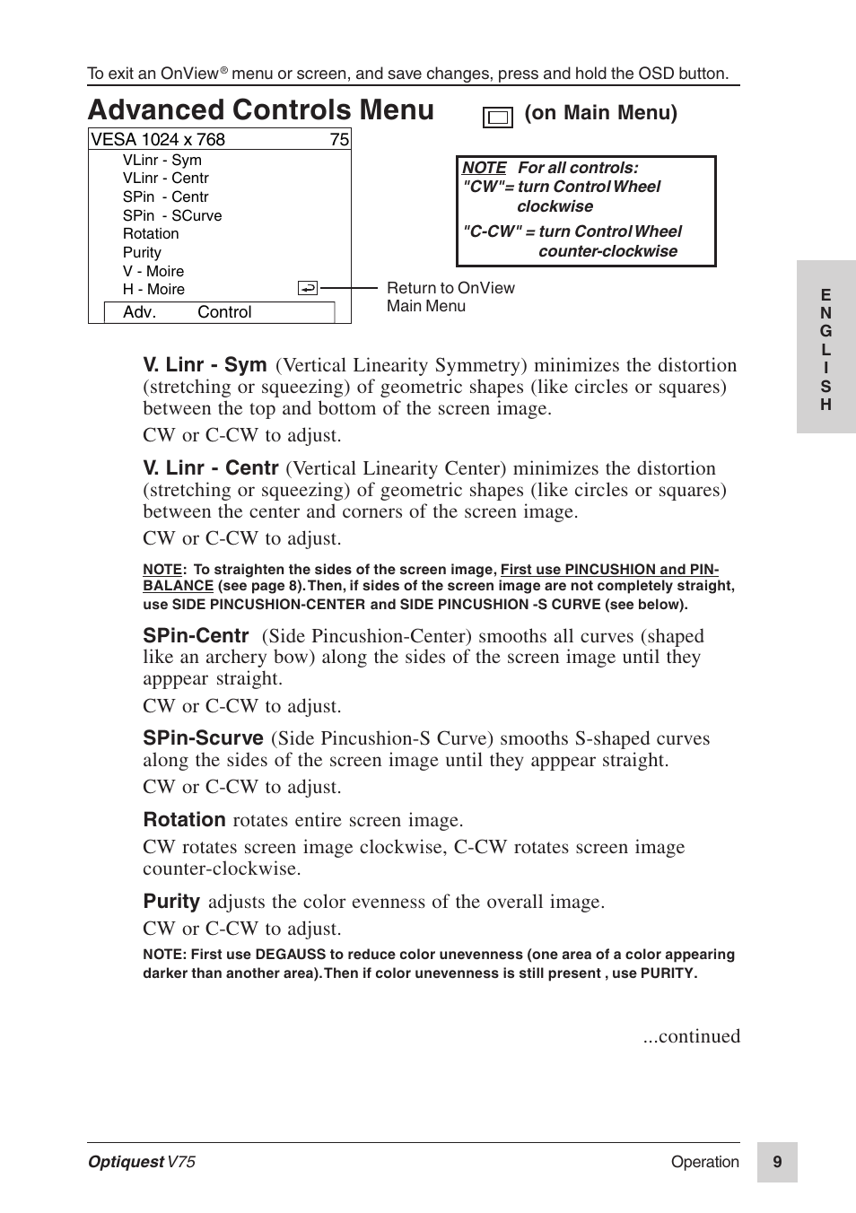 Advanced controls menu | VIEWSONIC Optiquest V75 User Manual | Page 10 / 18